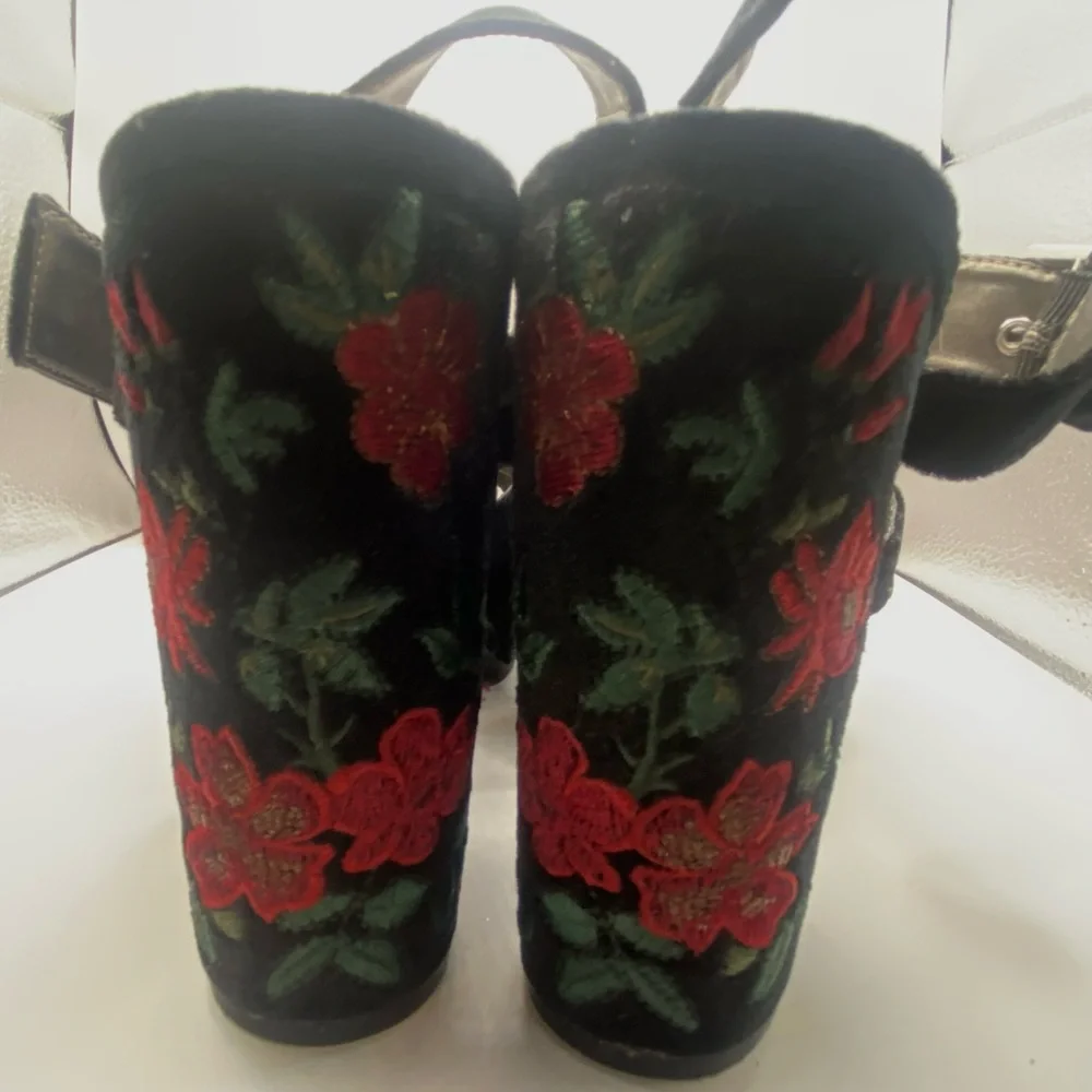 Libby Edelman Marcy Black Velvet Platforms with Red‎ Floral Embroidery